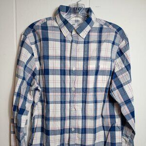 Old Navy Mens M Pink Blue White Plaid Button Down Everyday Shirt Built-In Flex